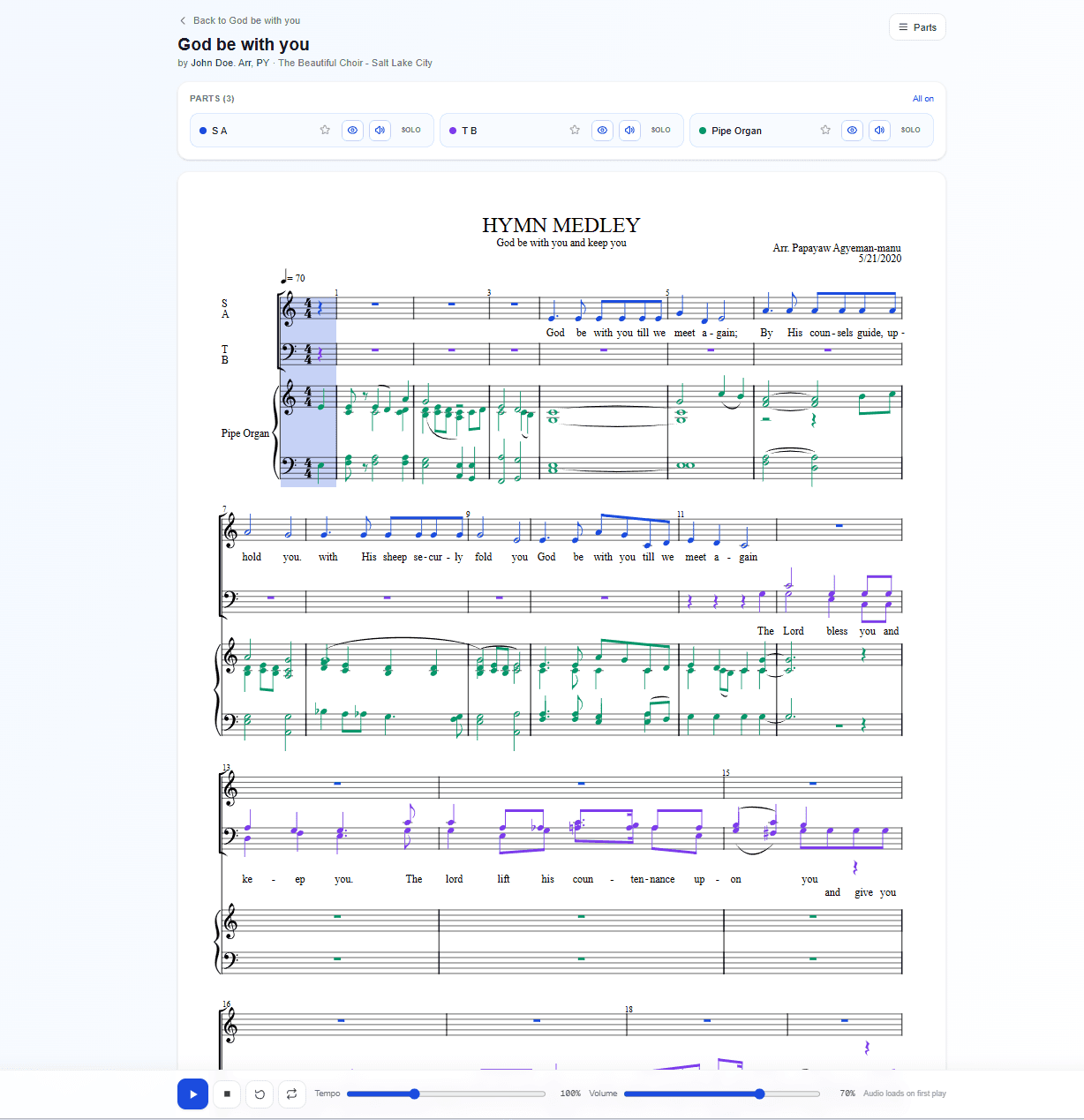 The follow-along player showing a hymn medley with parts split across SA, TB, and pipe organ