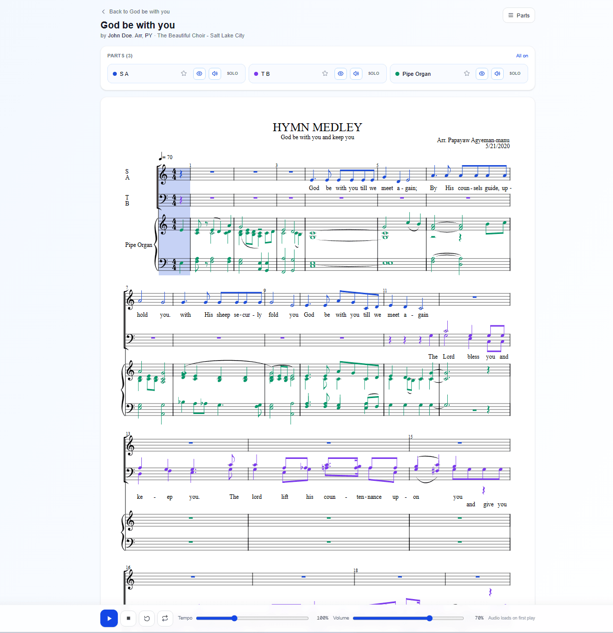The follow-along player showing a hymn medley with parts split across SA, TB, and pipe organ