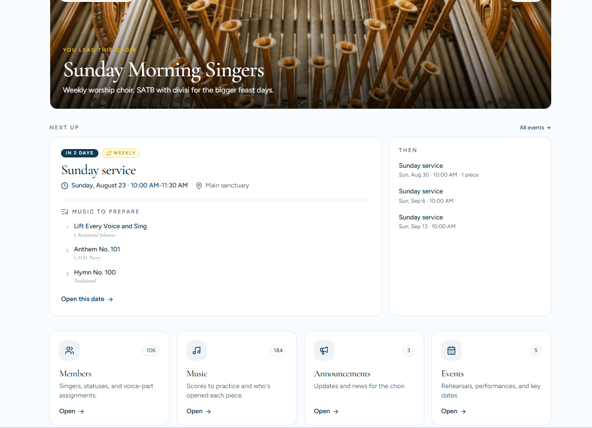The choir page for Sunday Morning Singers, showing the next Sunday service with the music to prepare for it, and cards for members, music, announcements and events